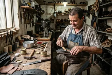 Profissional colando a sola de um calçado descolado, com atenção aos detalhes.