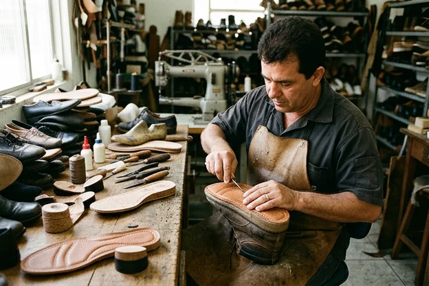 Profissional substituindo palmilhas de um sapato, evidenciando o conforto e a qualidade.