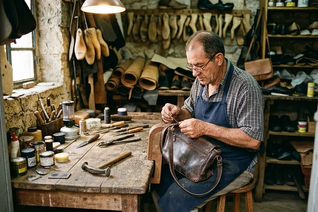 Profissional reformando uma bolsa de couro, destacando o trabalho minucioso do ofício.