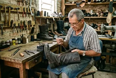 Profissional consertando um zíper de bota, utilizando ferramentas adequadas para o reparo.