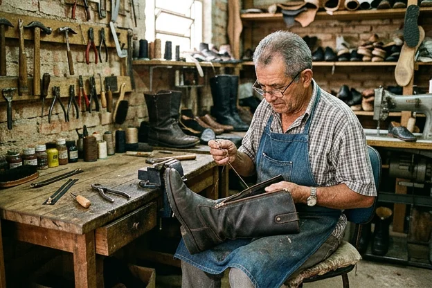 Profissional consertando um zíper de bota, utilizando ferramentas adequadas para o reparo.