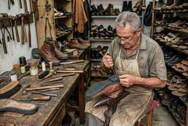 Profissional realizando a troca de solado em um calçado, com ferramentas e materiais relevantes.