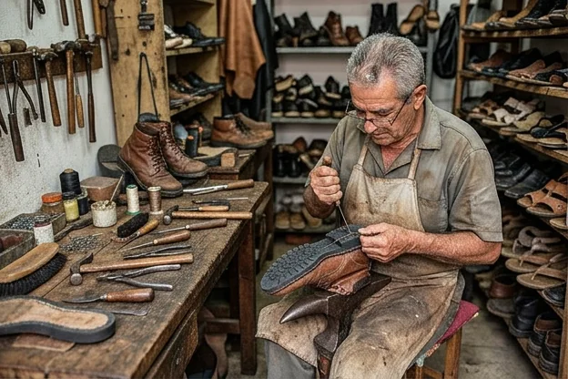 Profissional realizando a troca de solado em um calçado, com ferramentas e materiais relevantes.
