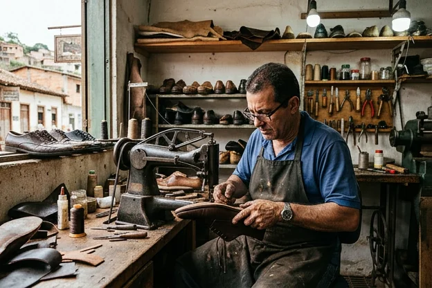 Profissional reformando sapatos sociais, com foco na estética e na qualidade do serviço.